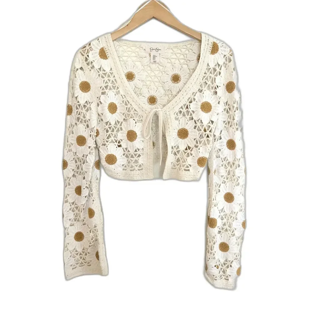 Jessica Simpson Daisy Floral Crochet Crop Cardigan White Cream XL